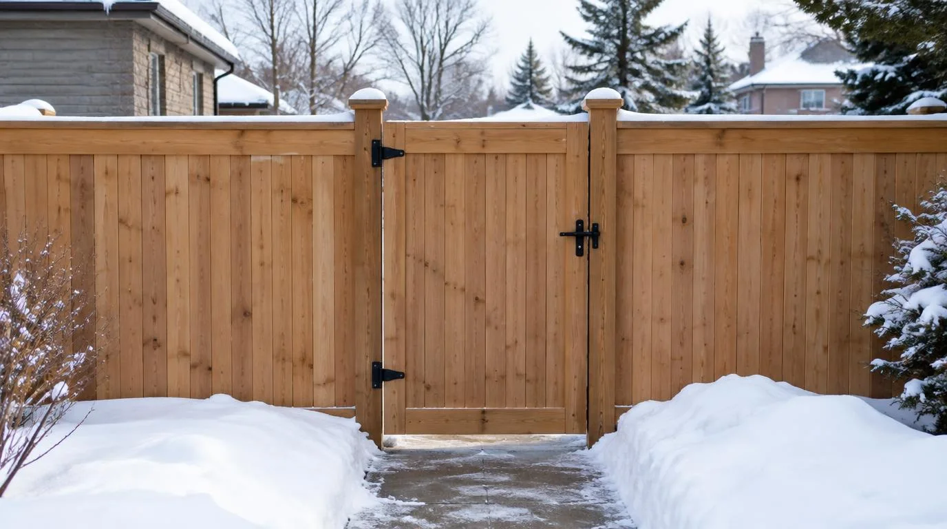 Cedar backyard gate with a cleared path through snow during winter.
