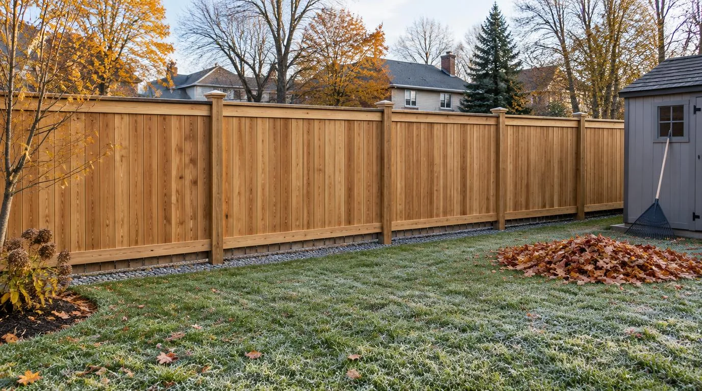 Cedar privacy fence with a cleared fence line and raked autumn leaves before winter.