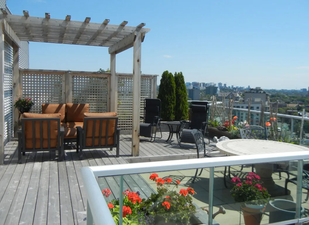 Backyard pergola shading an outdoor dining area beside a garden.