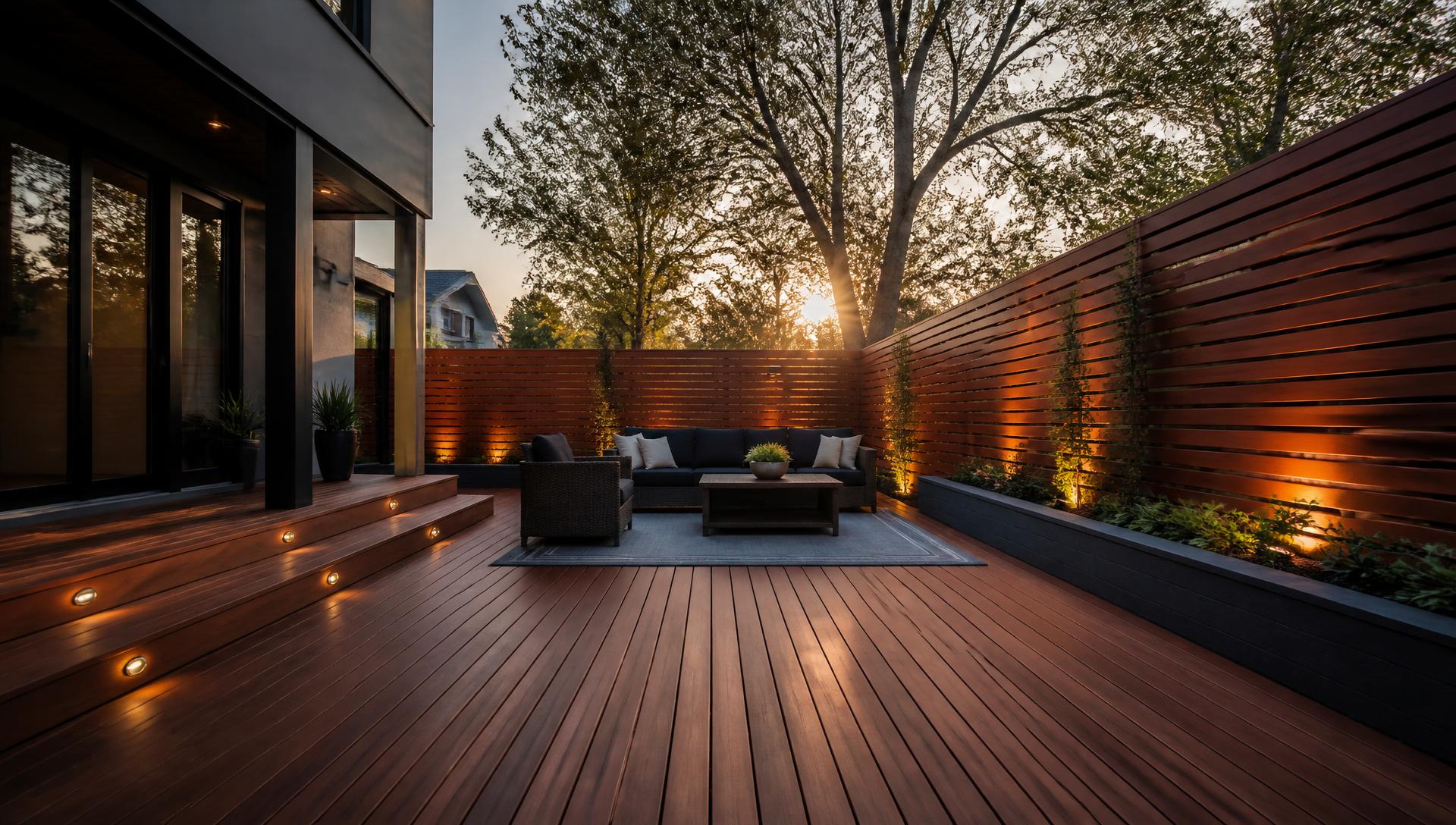 Modern Ottawa backyard with fencing, deck and outdoor living space by Fence Masters