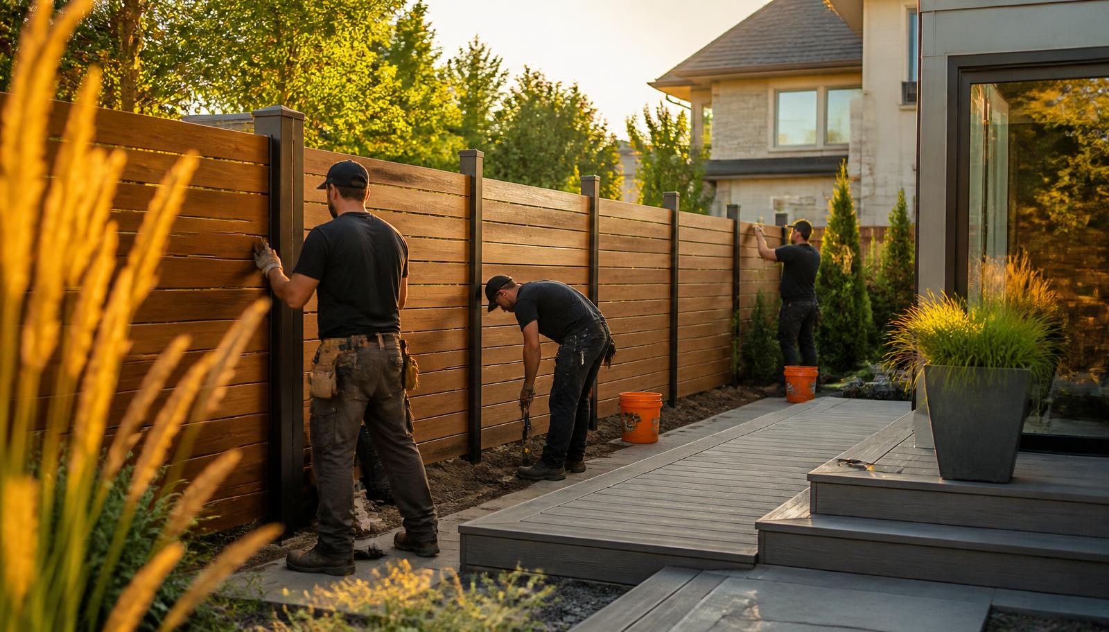 Fence Masters crew installing a premium fence and deck in an Ottawa backyard