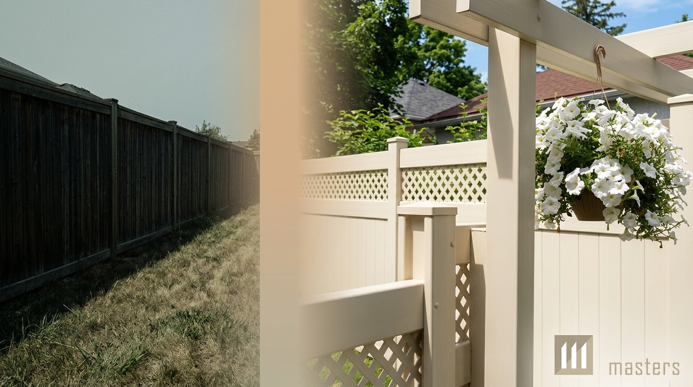 Side-by-side comparison of a weathered dark fence and a bright white privacy fence in an Ottawa backyard.